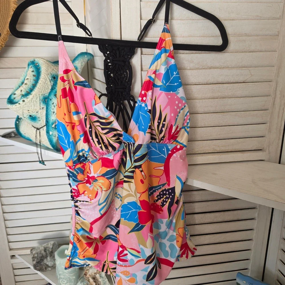 Floral Macrame Back Tankini Top XL Tropical Pink Blue Swimwear